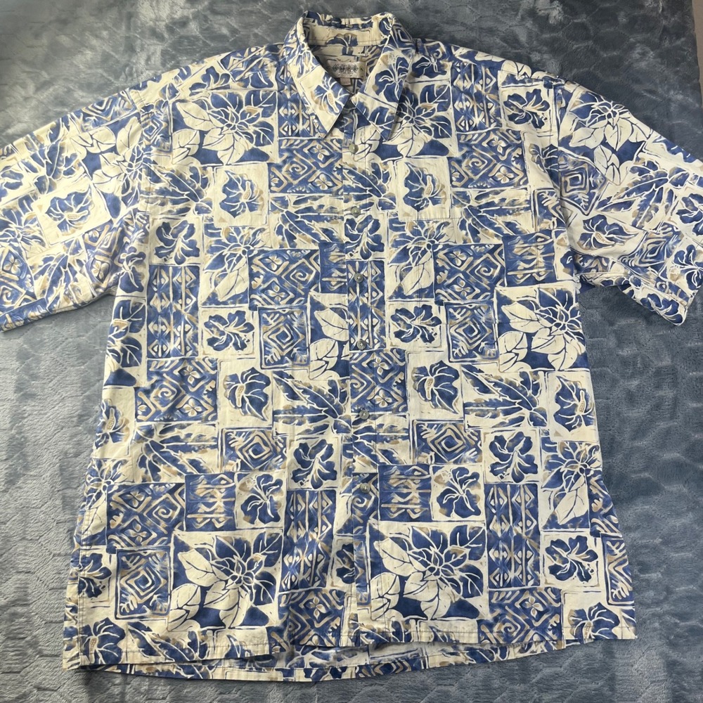 Campia Moda Button Front Shirt Mens XL Blue Cream Excellent Floral Block Print - Picture 2 of 6